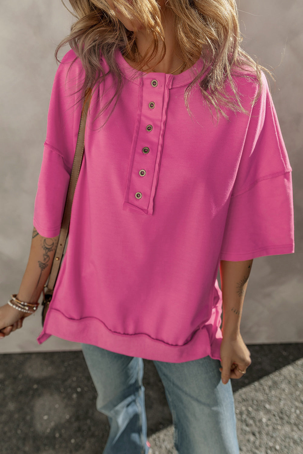 Aliana Exposed Seam Button Neck Wide Sleeve Tunic Top