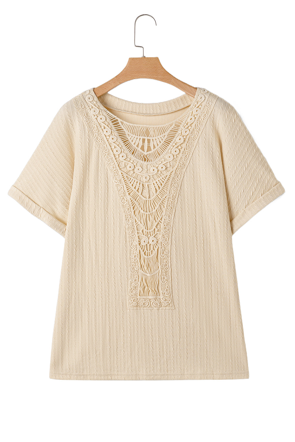 Beige Lace Crochet Patched Cable Textured Cuffed Short Sleeve Plus Size Top