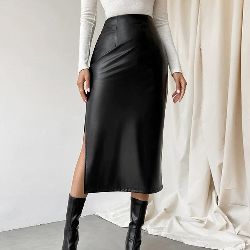 Sheath PU Leather Black Slit Straight Skirt