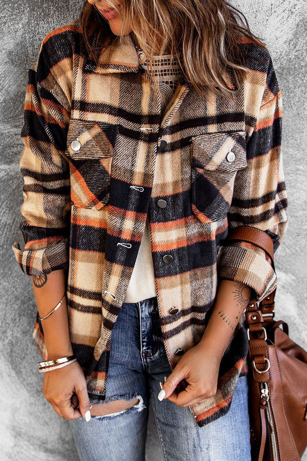 Khaki Plaid Print Casual Button Up Pocket Shacket