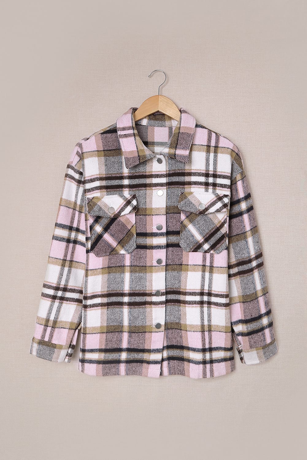 Khaki Plaid Print Casual Button Up Pocket Shacket