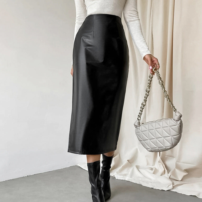 Sheath PU Leather Black Slit Straight Skirt