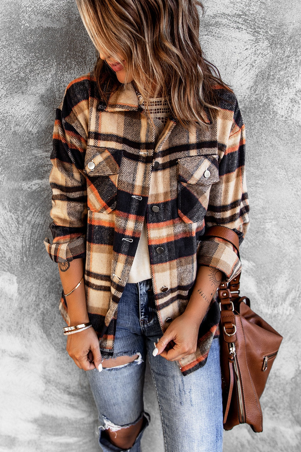 Khaki Plaid Print Casual Button Up Pocket Shacket