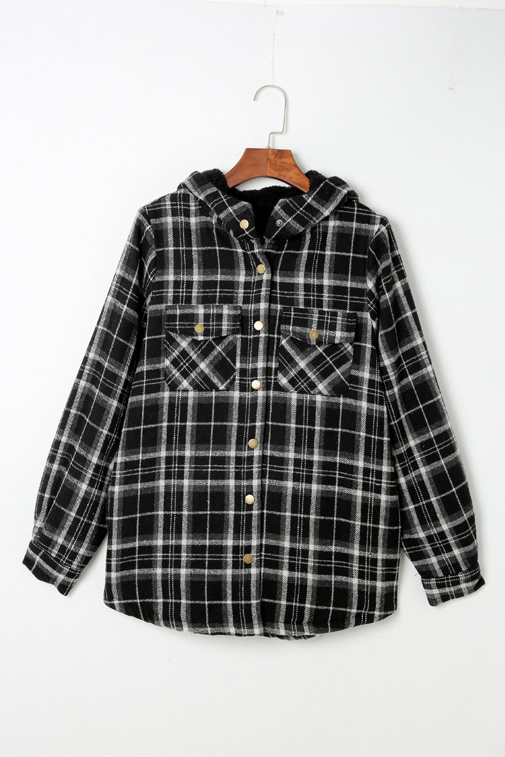 Blue Snap Button Sherpa Lined Hooded Flannel Jacket