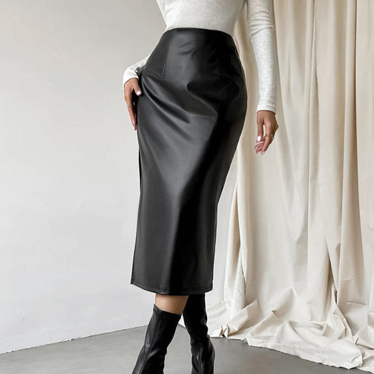 Sheath PU Leather Black Slit Straight Skirt