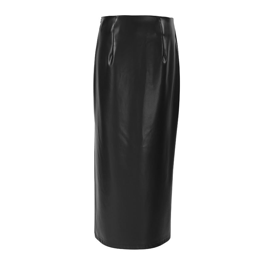 Sheath PU Leather Black Slit Straight Skirt