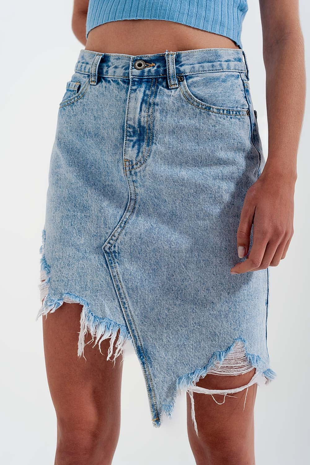 Distressed Denim Skirt in Bleach Wash