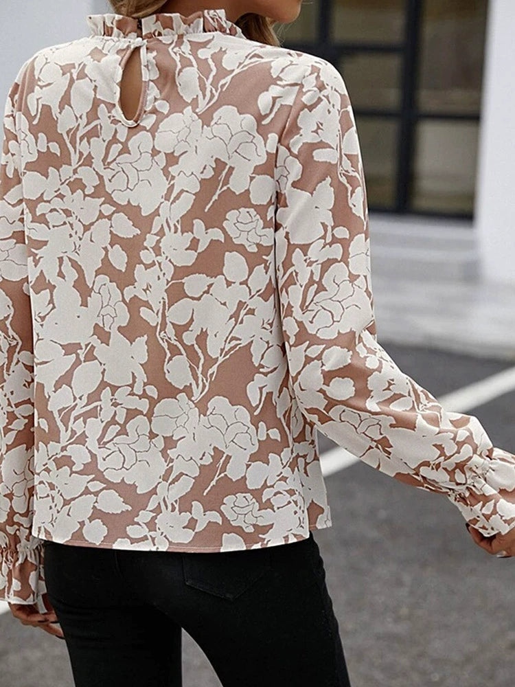 Sweet Fashion Long Sleeves Tops Women Thin Type Florals Print Chiffon Shirt