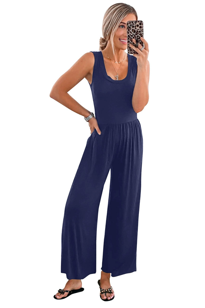 Minimalist Pure Color Casual U-Neck Jumpsuit