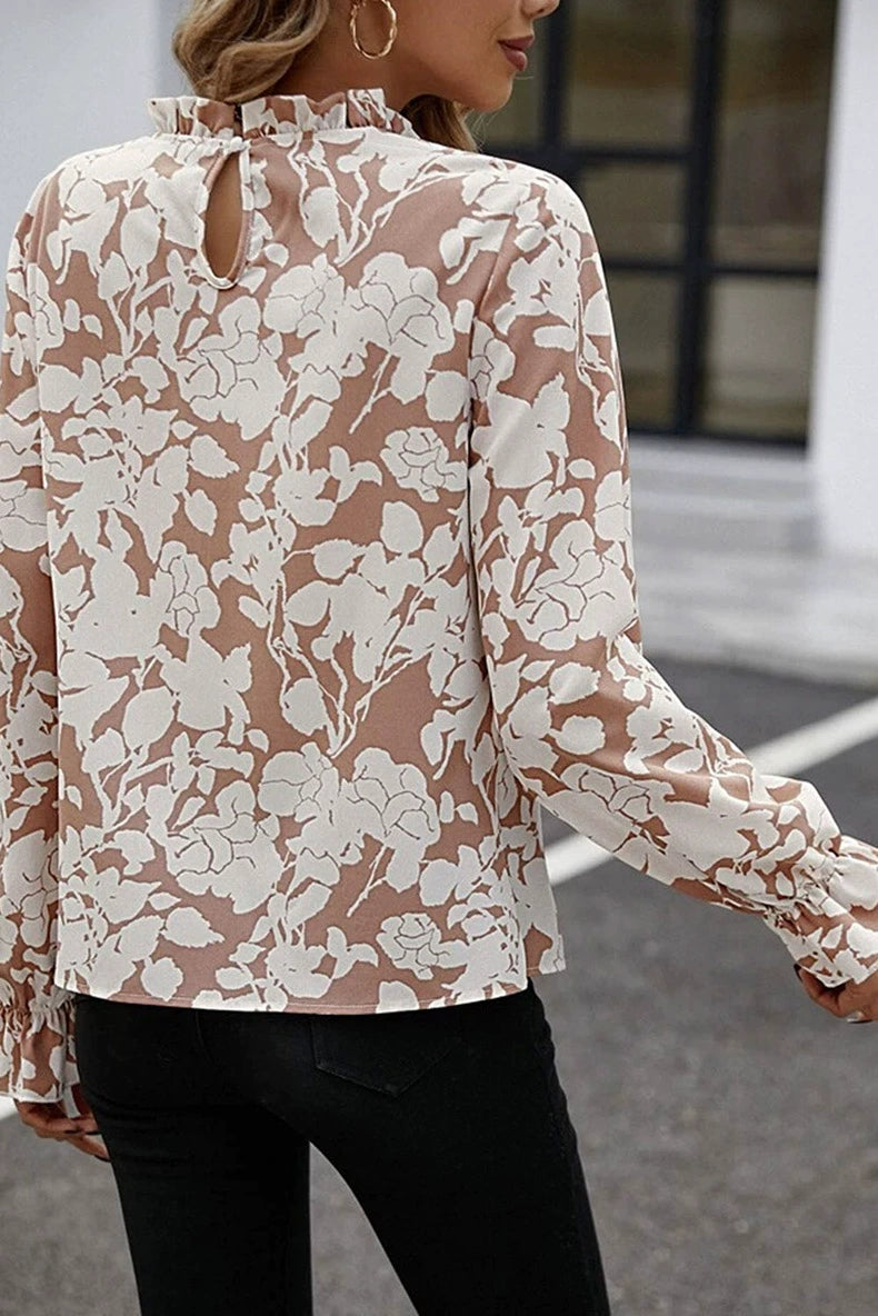 Sweet Fashion Long Sleeves Tops Women Thin Type Florals Print Chiffon Shirt