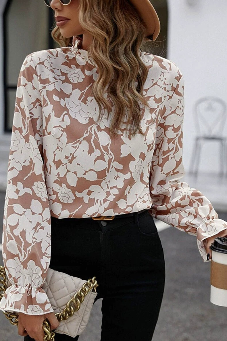 Sweet Fashion Long Sleeves Tops Women Thin Type Florals Print Chiffon Shirt