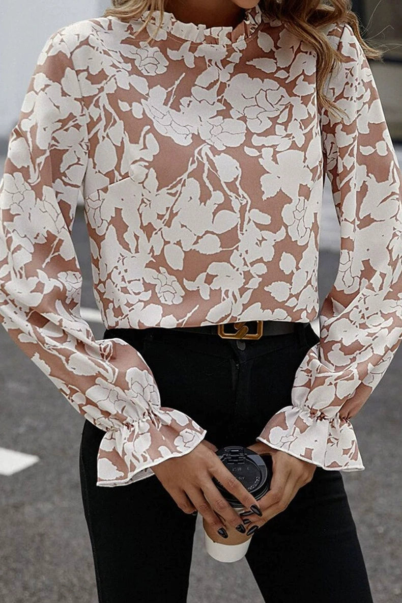 Sweet Fashion Long Sleeves Tops Women Thin Type Florals Print Chiffon Shirt