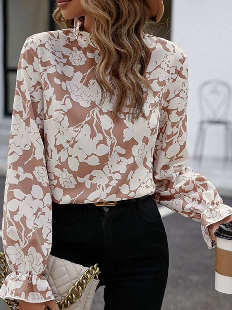 Sweet Fashion Long Sleeves Tops Women Thin Type Florals Print Chiffon Shirt