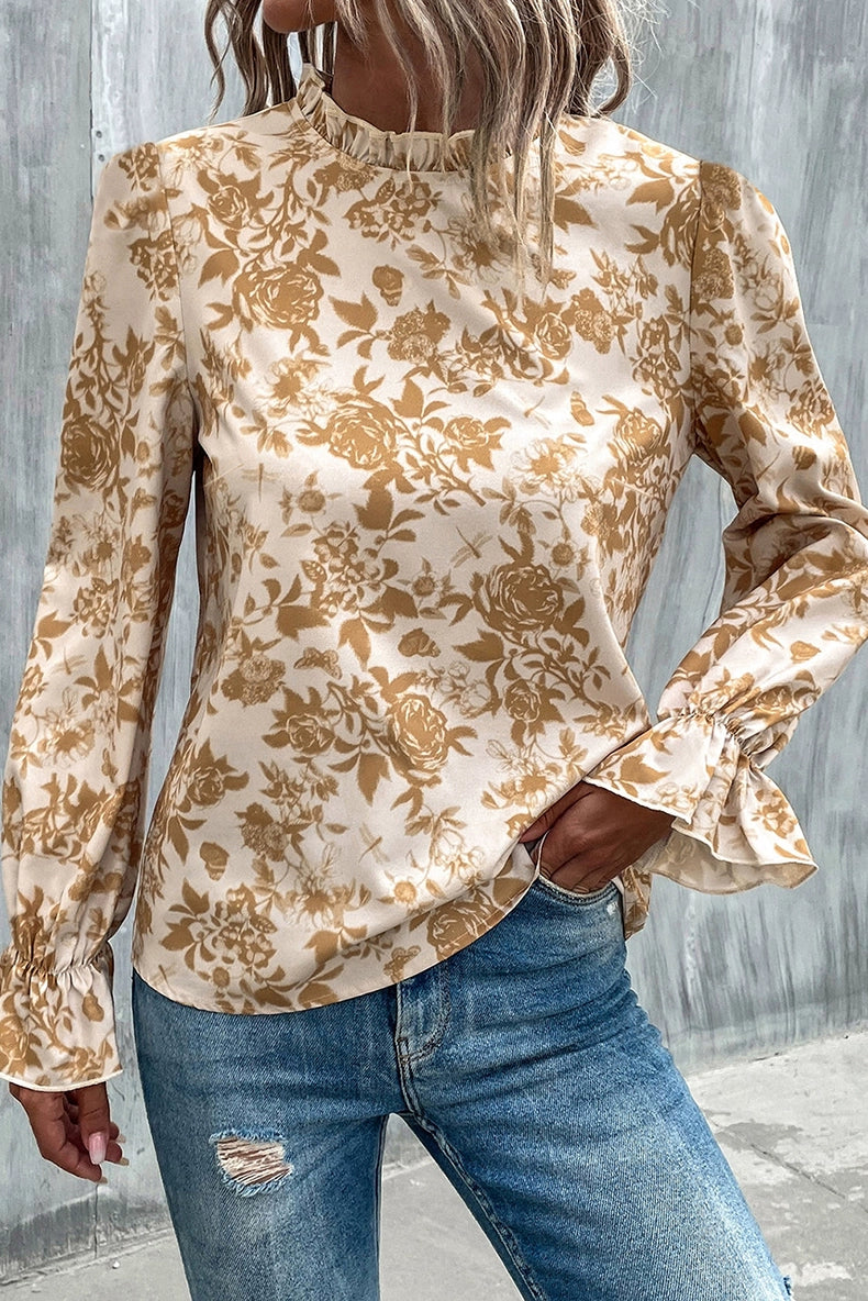 Sweet Fashion Long Sleeves Tops Women Thin Type Florals Print Chiffon Shirt