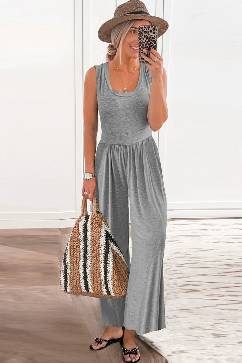 Minimalist Pure Color Casual U-Neck Jumpsuit