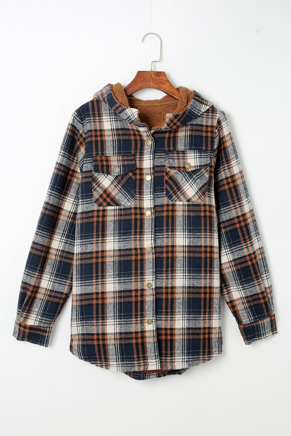 Blue Snap Button Sherpa Lined Hooded Flannel Jacket