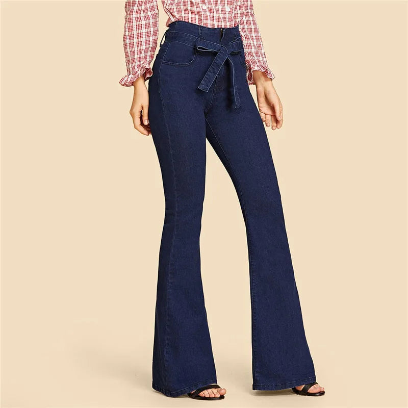 Blue Tie Waist Flare Jeans Slim Denim Trousers Vintage Clothes