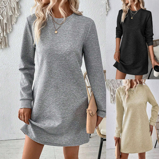 Fall Oblique Checkered Texture Dress Fashion Casual Solid Color Round Neck Long-sleeved Women's Clothing