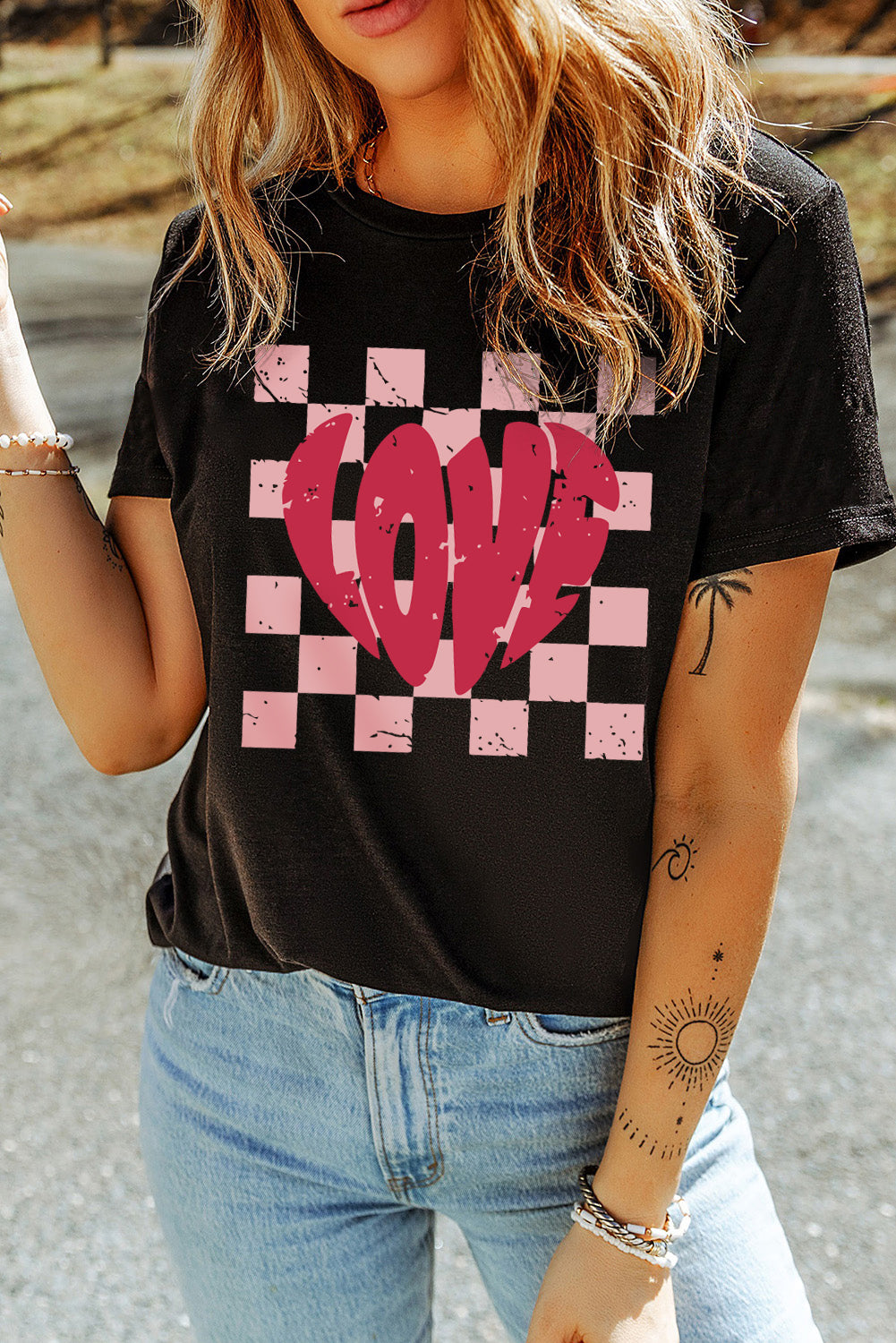 Black Checkered Graphic LOVE Print Crewneck Tee