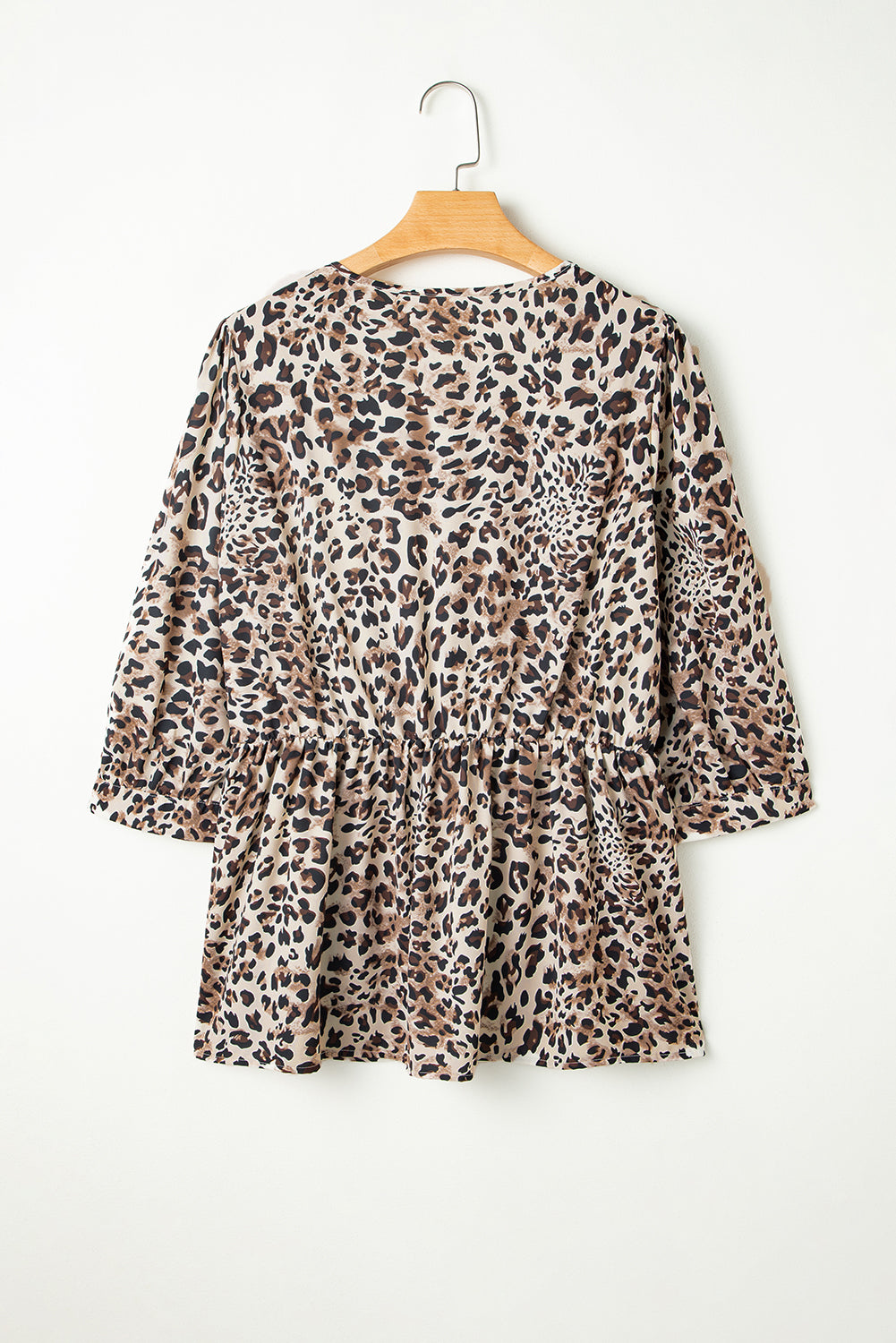 Khaki Leopard Print 3/4 Sleeve Lace-up Ruffle Plus Size Blouse