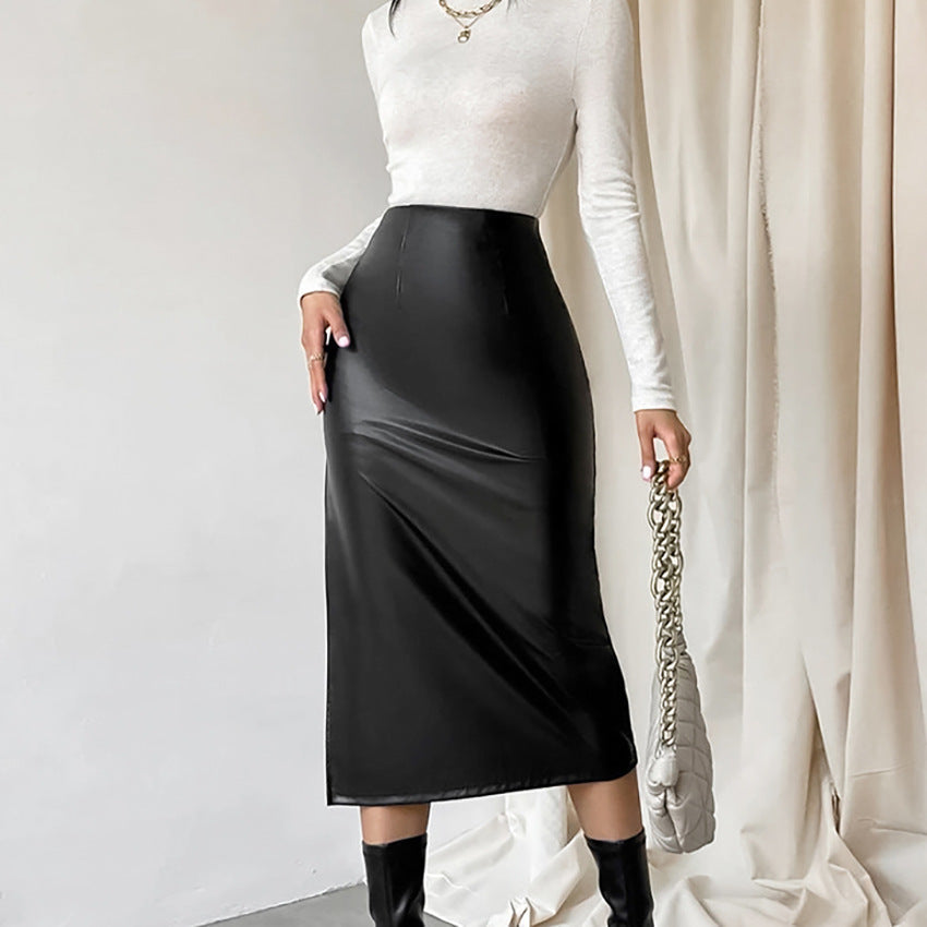 Sheath PU Leather Black Slit Straight Skirt