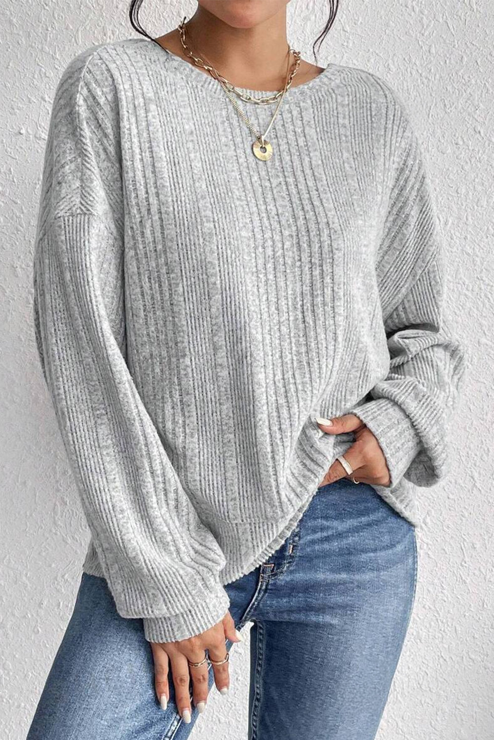 Light Grey Textured Crossover Backless Knit Long Sleeve Top